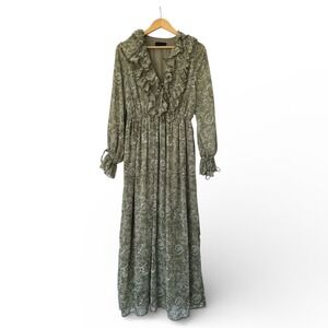 NWT Zara Green Floral Ruffle Maxi Dress Long Sleeve Boho Chic Flowy Elegant